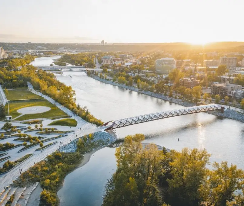 Aerial view of the Peace Bridge crossing the Bow River in Calgary.